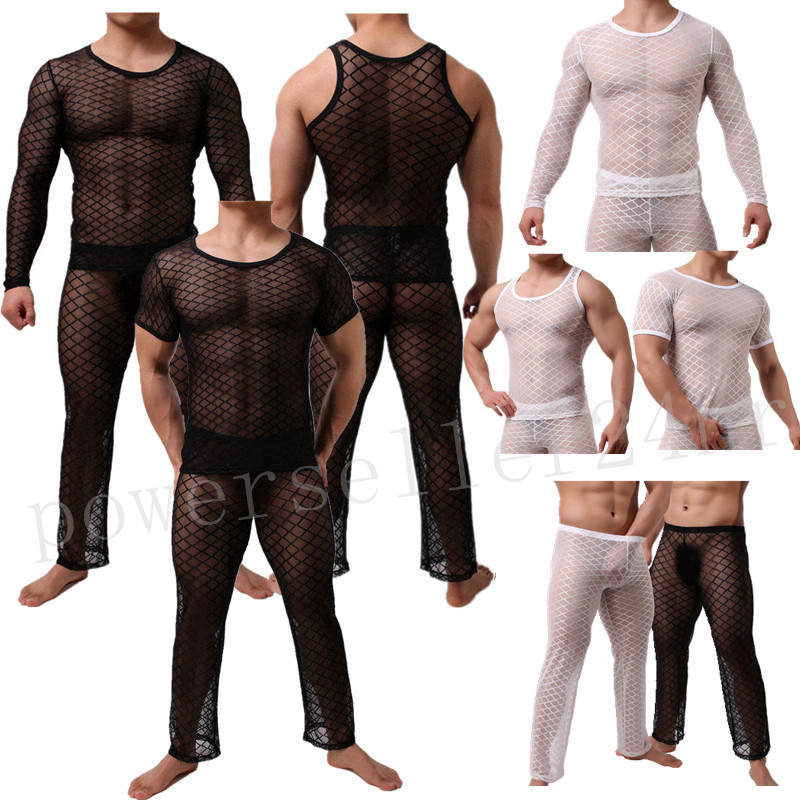 Fetish Mens Underwear Sheer Mesh Muscle T-Shirt Tank Tops Long Johns Trousers gallery