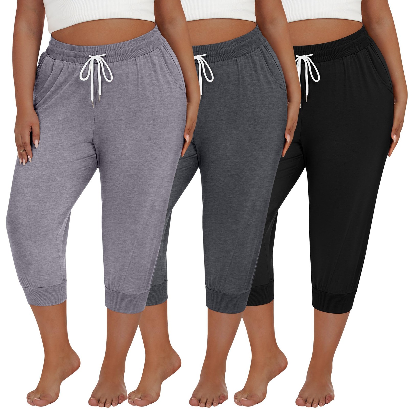3 Pack Women’s Plus Size Capris Cotton Lounge Yoga Capri Pants Cropped Casual…