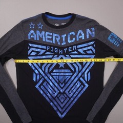 American Fighter Shiny Blue Graphic Long Sleeve T Shirt Mens Small Gray Black