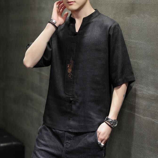 New Summer Men's embroidery Tops Cotton Linen buckle T-Shirts Casual Tang Suit gallery