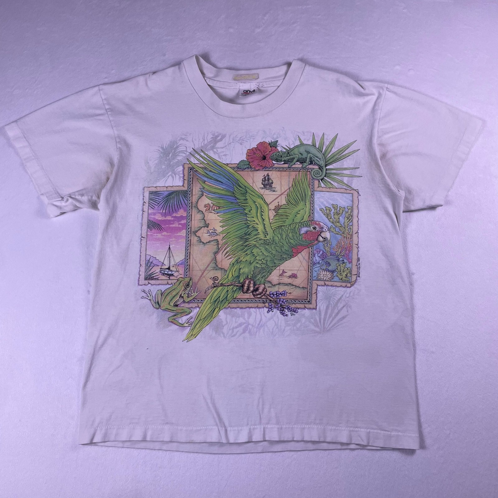 Vtg 90s Parrot Chameleon Tropical Nature Tee L Bird Lizard Frog Animals Ocean gallery
