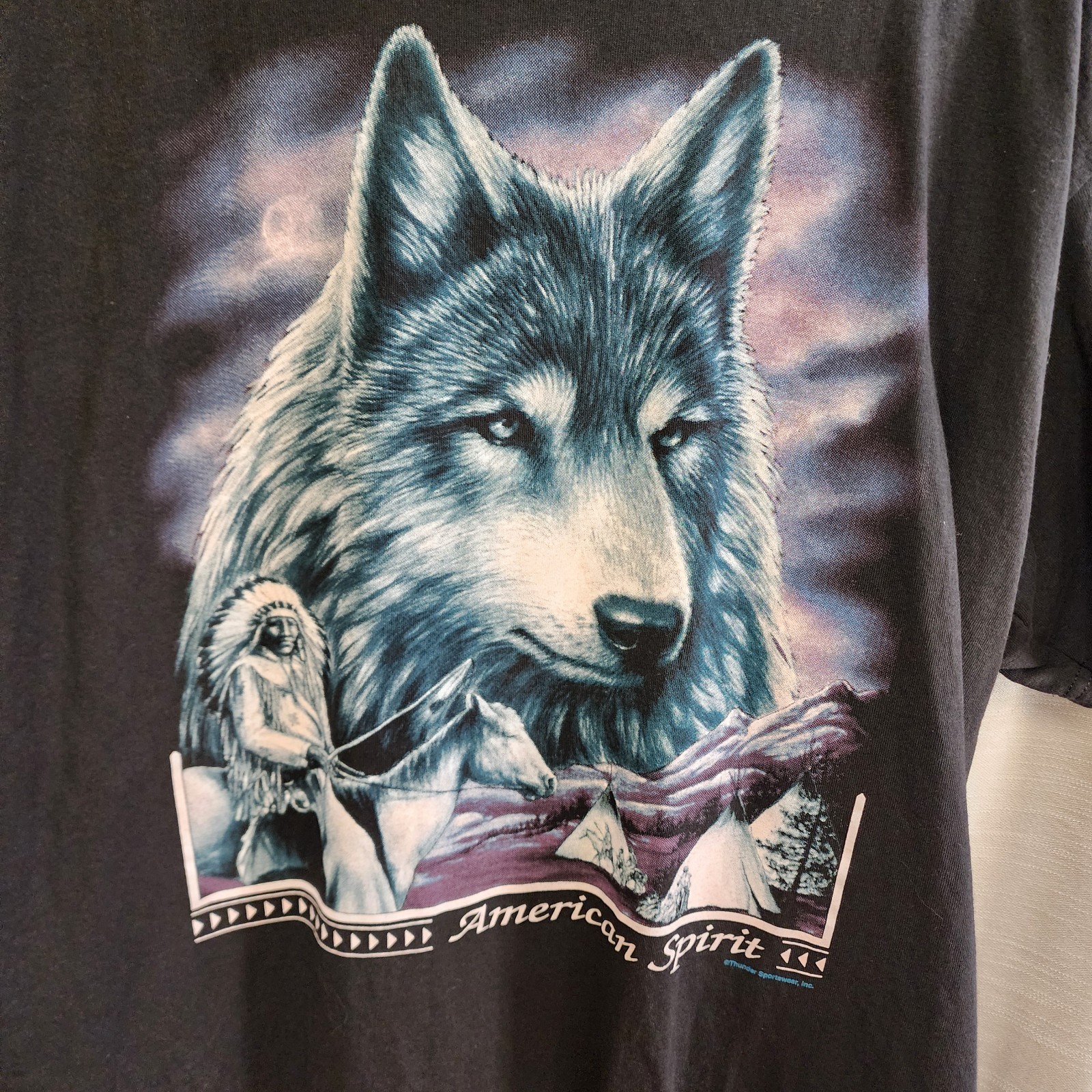 Men Vtg Delta Pro W American Spirit Wolf Black Short Sleeve Graphic Tee Size XL gallery