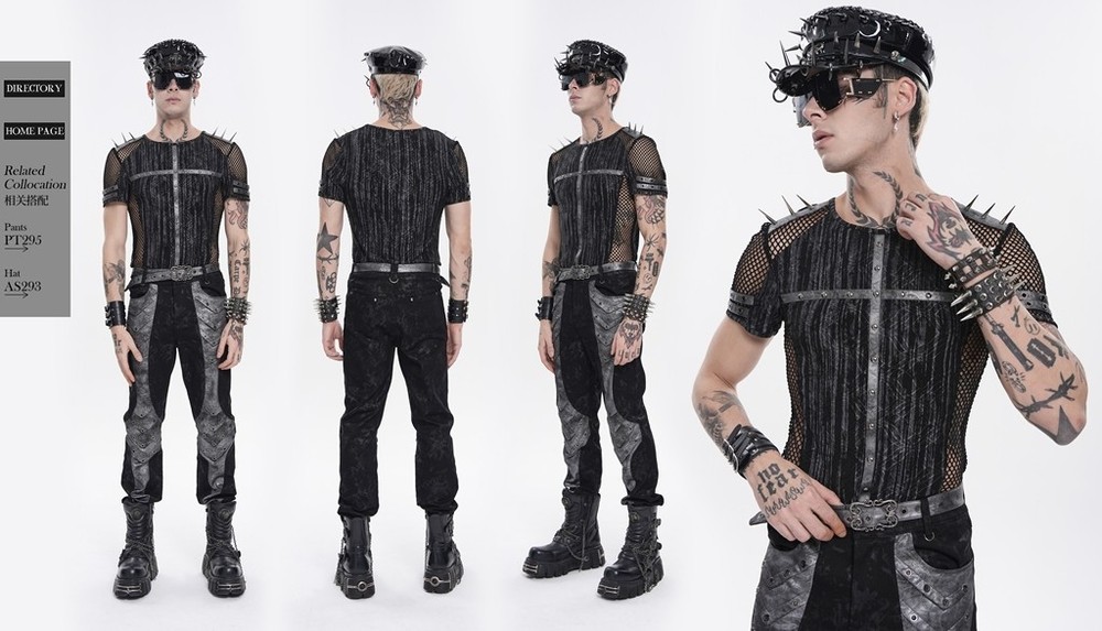 Devil Fashion Men Black Gothic Punk Spiked Mesh Splice T-Shirt Short Sleeve Tee