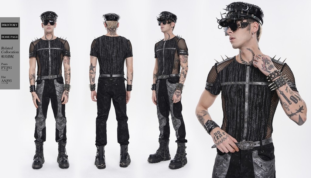 Devil Fashion Men Black Gothic Punk Spiked Mesh Splice T-Shirt Short Sleeve Tee