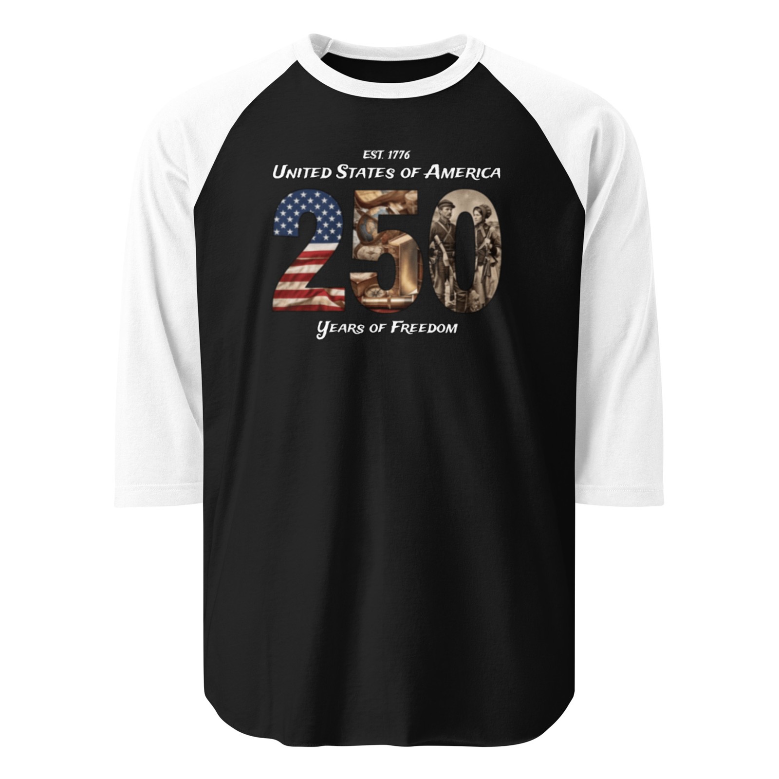USA 25O YEARS OF FREEDOM History Font 3/4 sleeve raglan shirt gallery