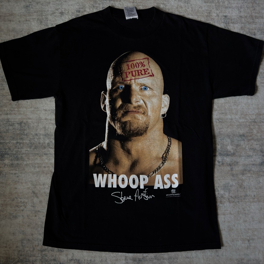 Vintage 1998 WWF Stone Cold Steve Austin 100% Pure Whoop Ass Tshirt Black Large