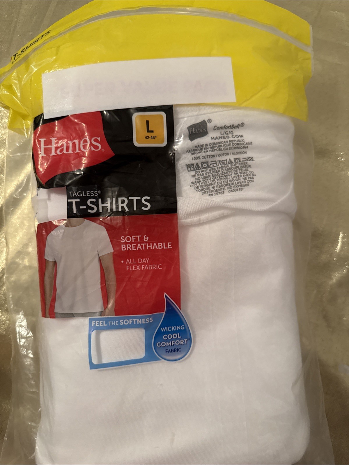NEW Hanes 6 Pack Crew Neck 100% Cotton T Shirts White Men’s Size L 42-44″