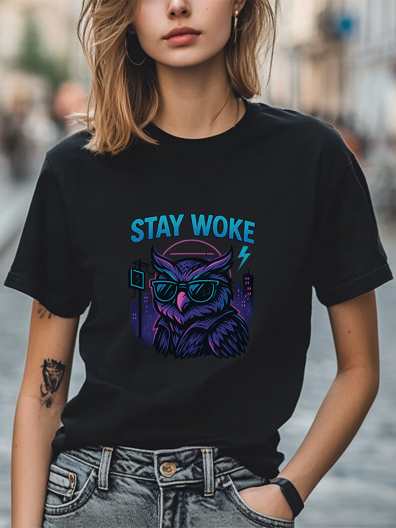 Stay Woke T-Shirt Neon Owl with Shades Graphic Tee Retro Vaporwave Streetwear