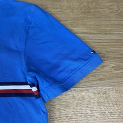 Tommy Hilfiger Blue Logo Stripe Spellout Polo Shirt Custom Fit Casual Tee XL