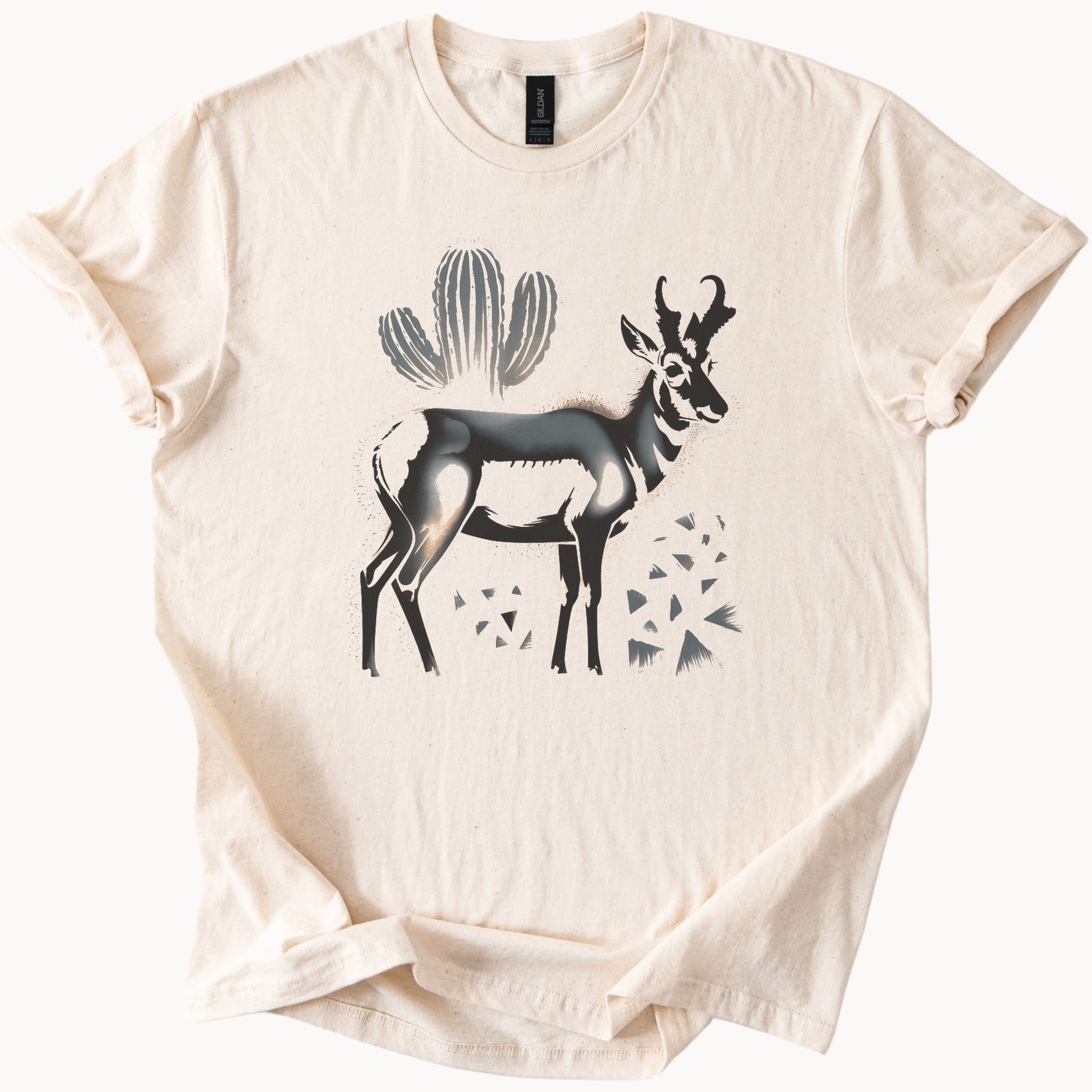 Desert Wildlife Graphic Tee Surreal Antelope Cactus Art Black gallery