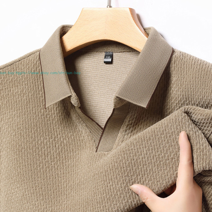 New Basic Turn-Down Collar T-Shirts Men’s Casual Long Sleeve Vintage Buttom Tops