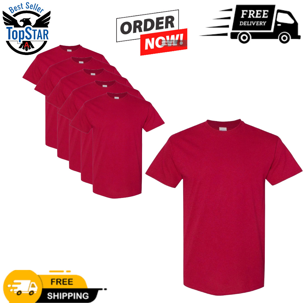6-Pack Gildan 500 Cardinal Men’s Heavy Cotton Plain Crew Neck Short Sleeves