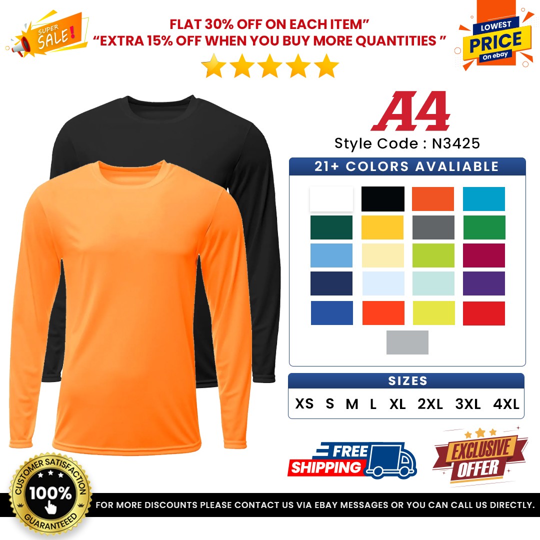 A4 N3425 Mens Polyester Moisture Wicking Long Sleeve Dri-Fit Tee Sprint T-Shirt