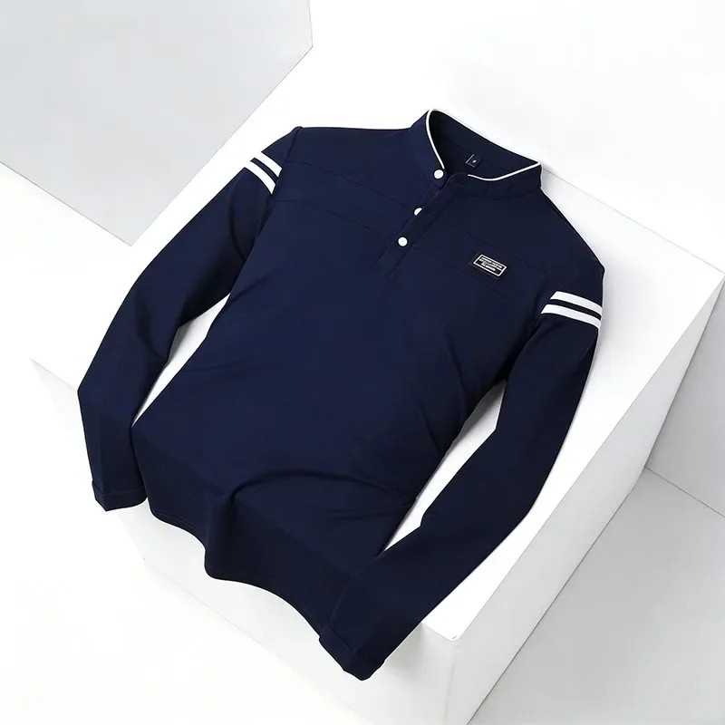 Men Stand Collar Long Sleeve Polo Shirt Stripe Accent Soft Breathable For Busine gallery