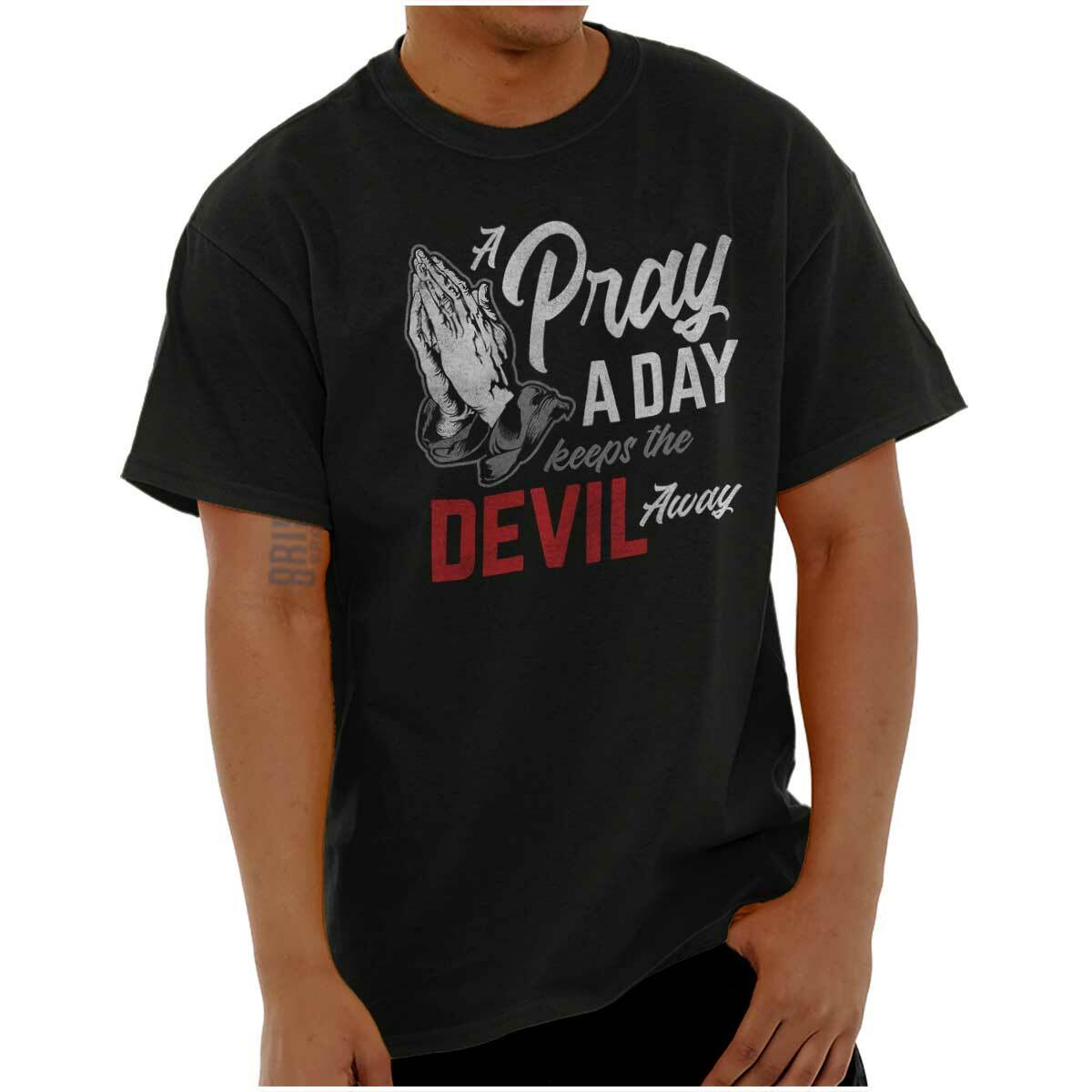 Prayer Keep Devil Away Religious Christian Adult Short Sleeve Crewneck Tee