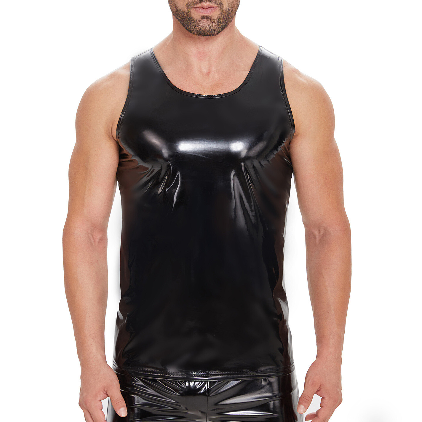 Mens Glossy Sleeveless PVC Leather Undershirts Wet Look Nightclub Latex Tank Top gallery