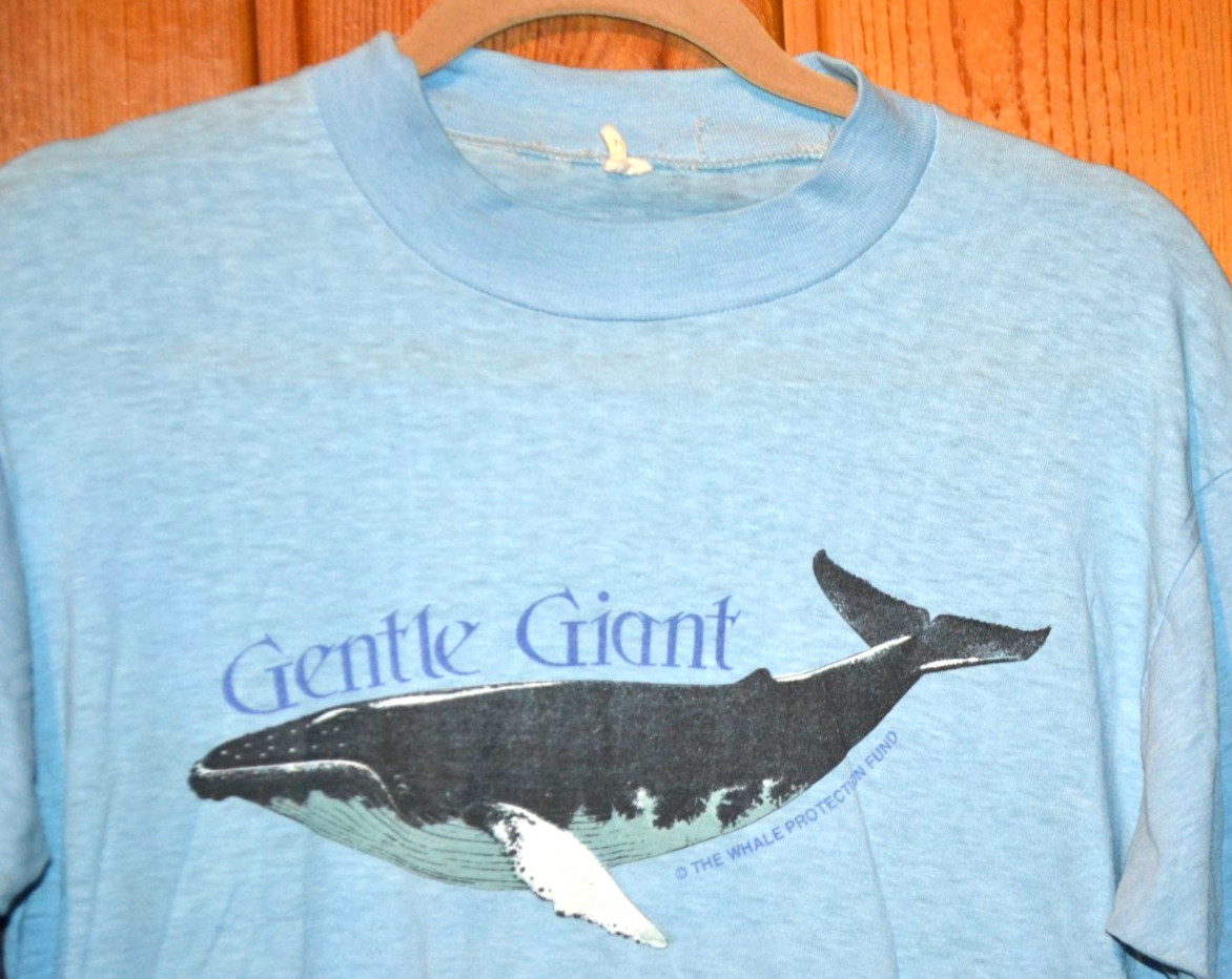 Vtg 70’s Gentle Giant Whales T Shirt Whale Protection Fund Blue Paper Thin M/L gallery