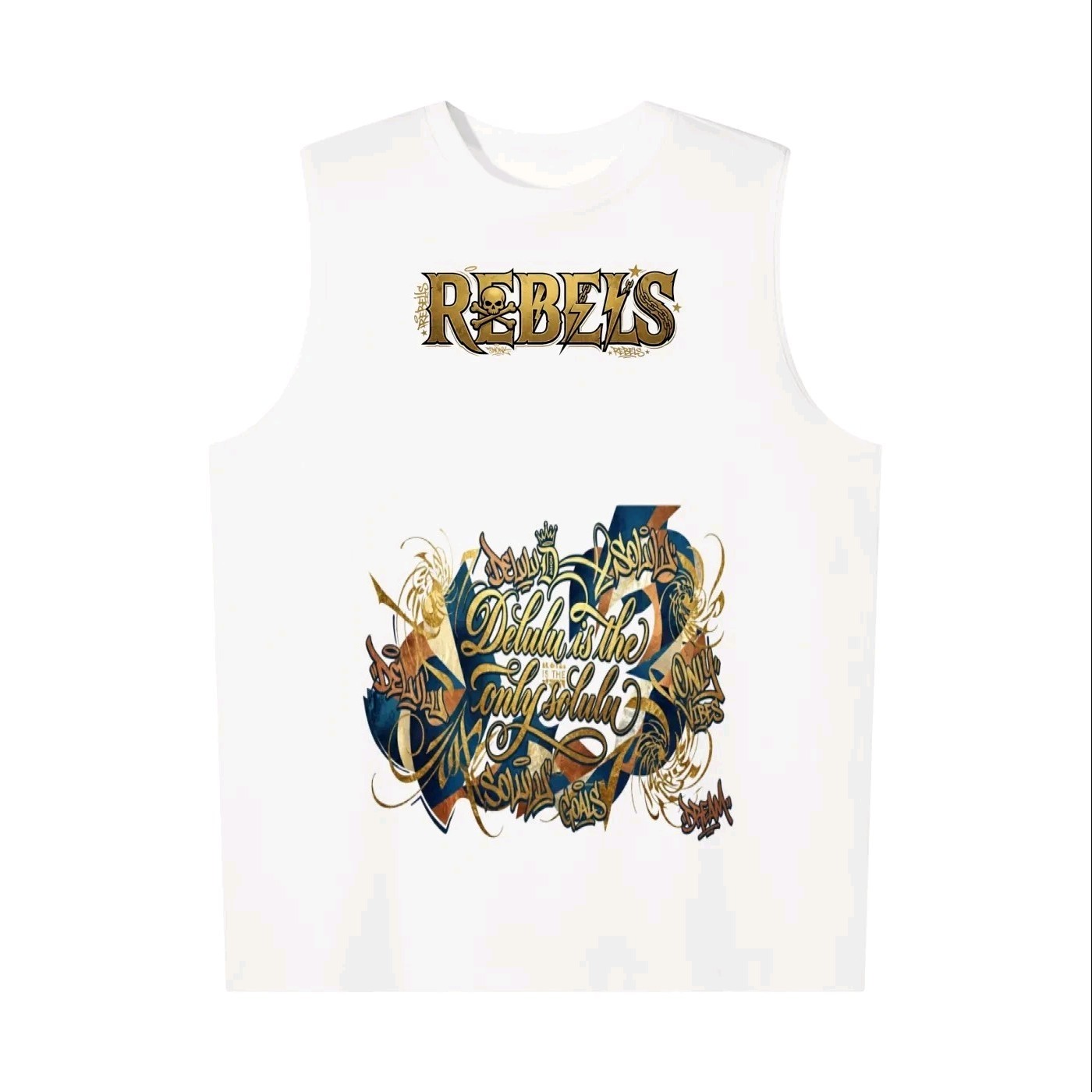 La mc de Neil Men’s M White Rebels Graphic Print Sleeveless Crew Neck T-Shirt
