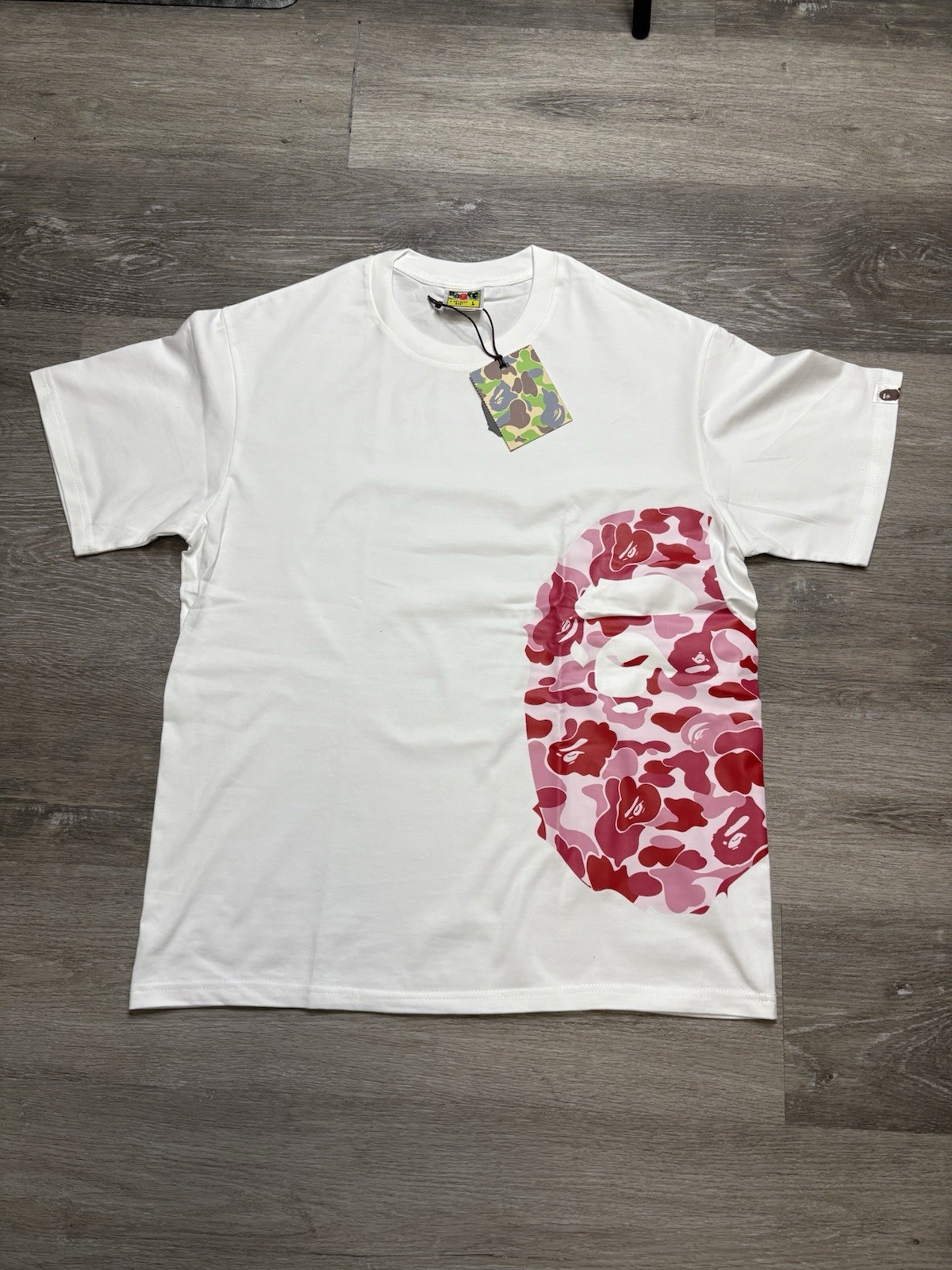 A Bathing Ape BAPE Men’s L Cotton White Tee Pink Camo Ape Head Logo Graphic gallery