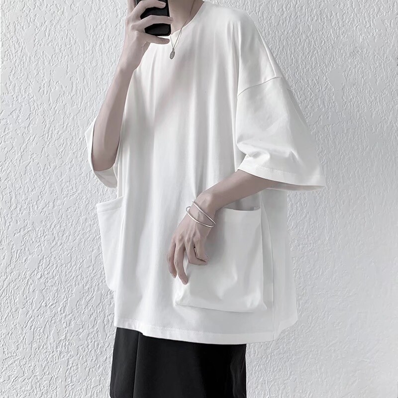 Men Big Pocket T Shirt Loose Oversized Raglan Half Sleeve Tee Tops Harajuku gallery