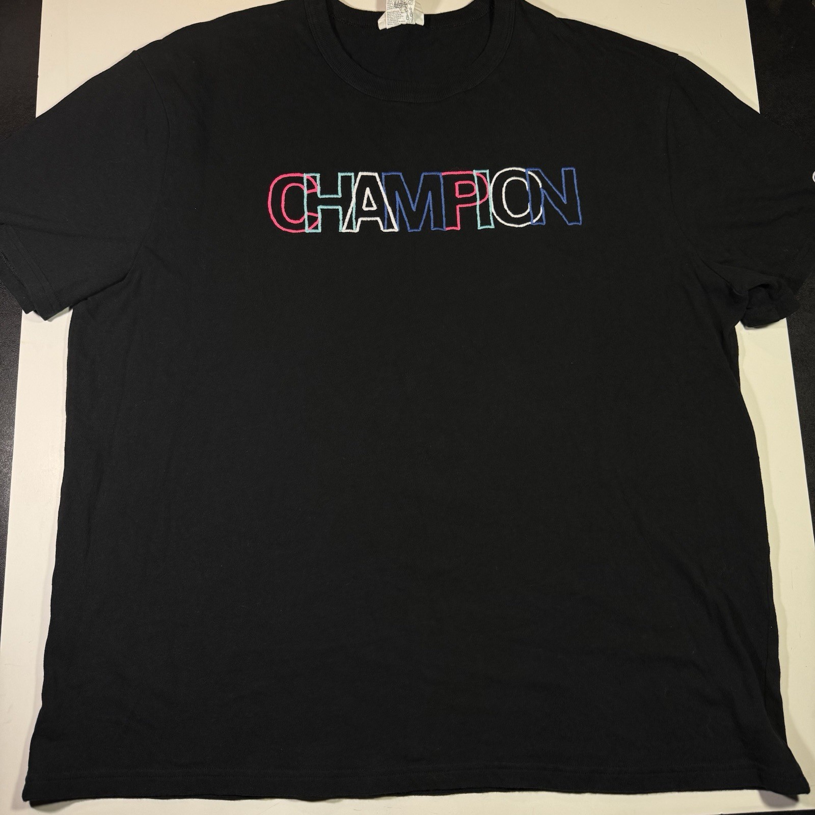 Adult XL Champion Brand Black Multi-Color Logo Embroidered Logo T-Shirt gallery