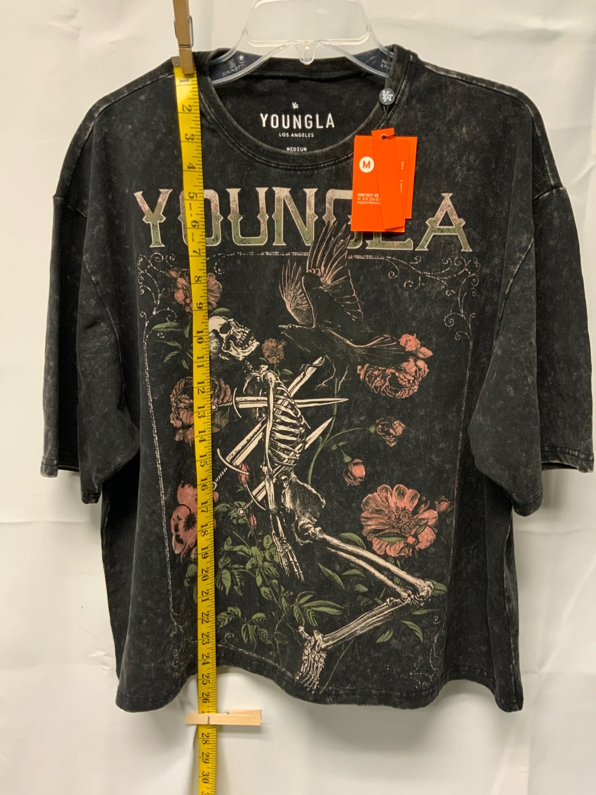 YoungLA 4116 Floral Skull Tee Men's Medium Black Mineral Wash Skeleton Crow NWT gallery