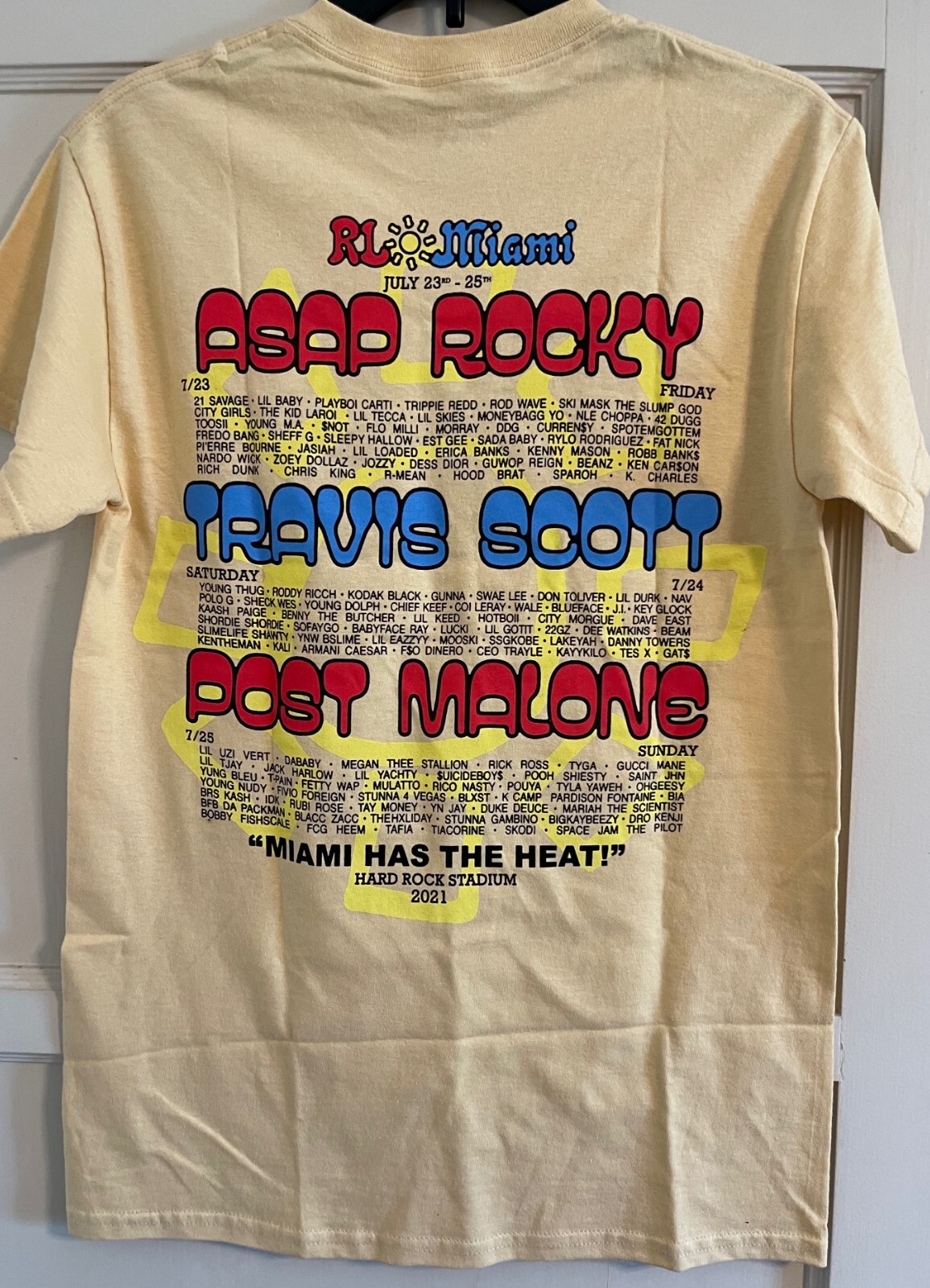 ROLLING LOUD MIAMI 2021 HIP HOP FESTIVAL PALE YELLOW TEE SHIRT, MEN’S S, NWOT