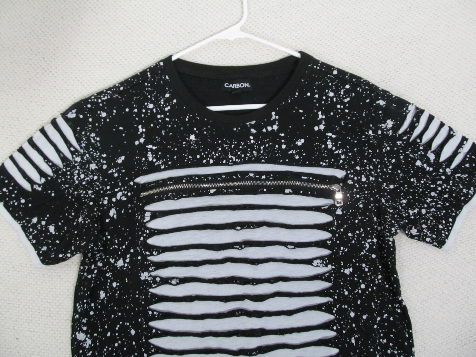 CARBON Mens Large Black Tee – Zipper Chest, Slit Sleeves, Paint Splatter Urban gallery