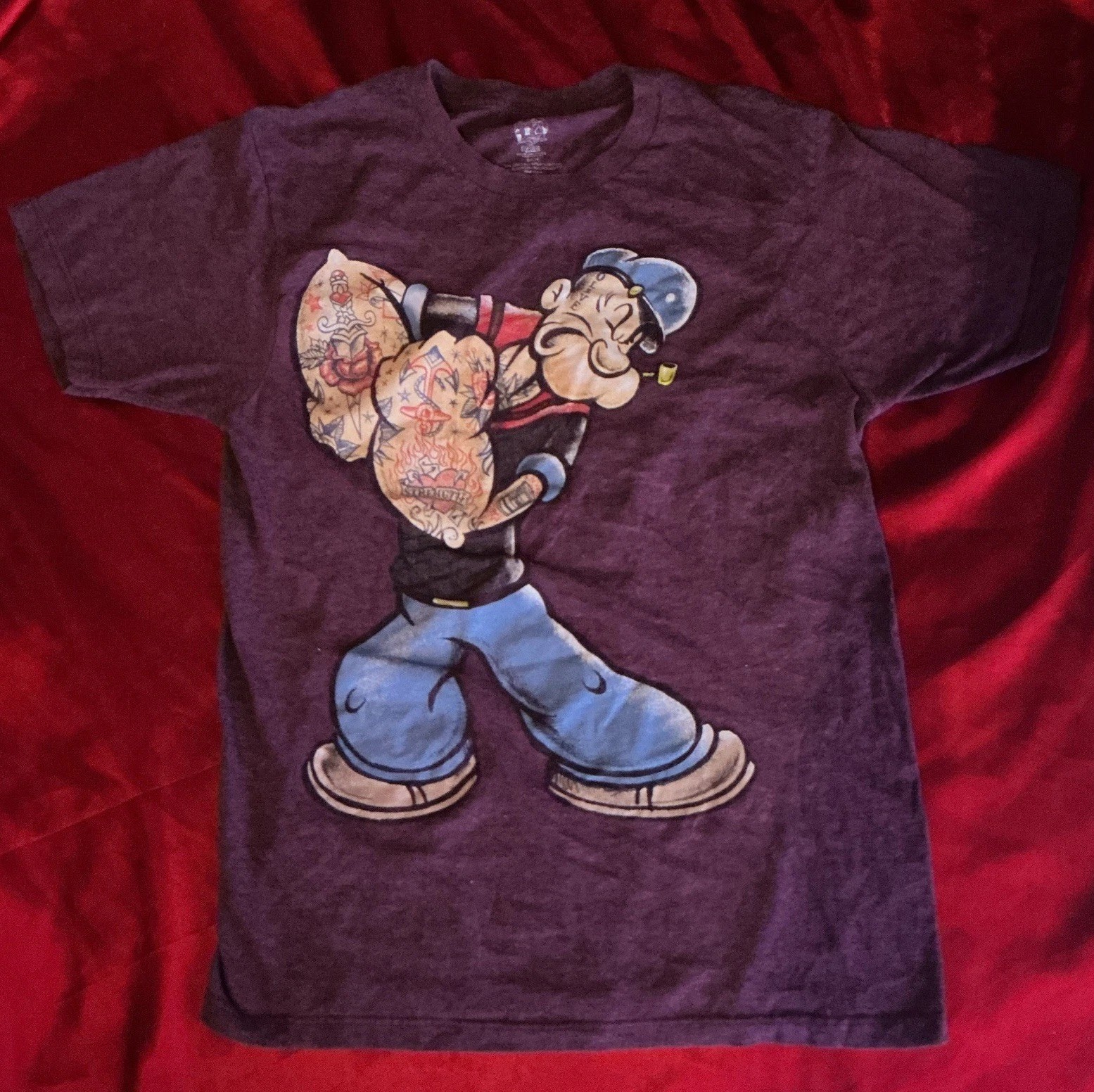 Men's Purple Popeye Graphic Print Crew Neck Short Sleeve T-Shirt Size S gallery
