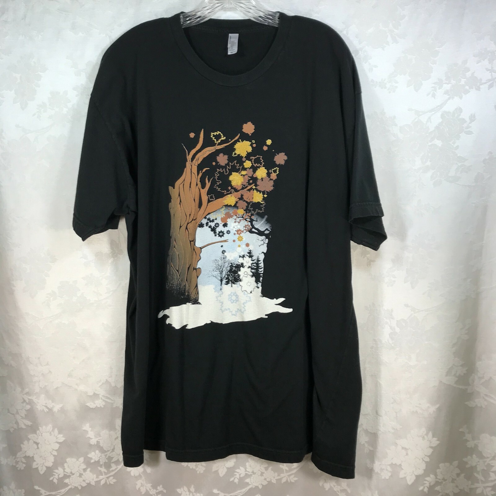 Mens 3X Black T-Shirt American Apparel Fall /Winter Scene Made in USA! Good Cond