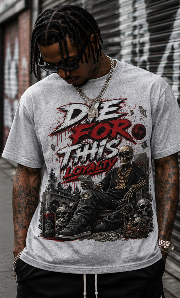 Big & Tall Graphic Tee Shirt Streetwear Die for this Loyalty Skull Hip Hop Tee gallery