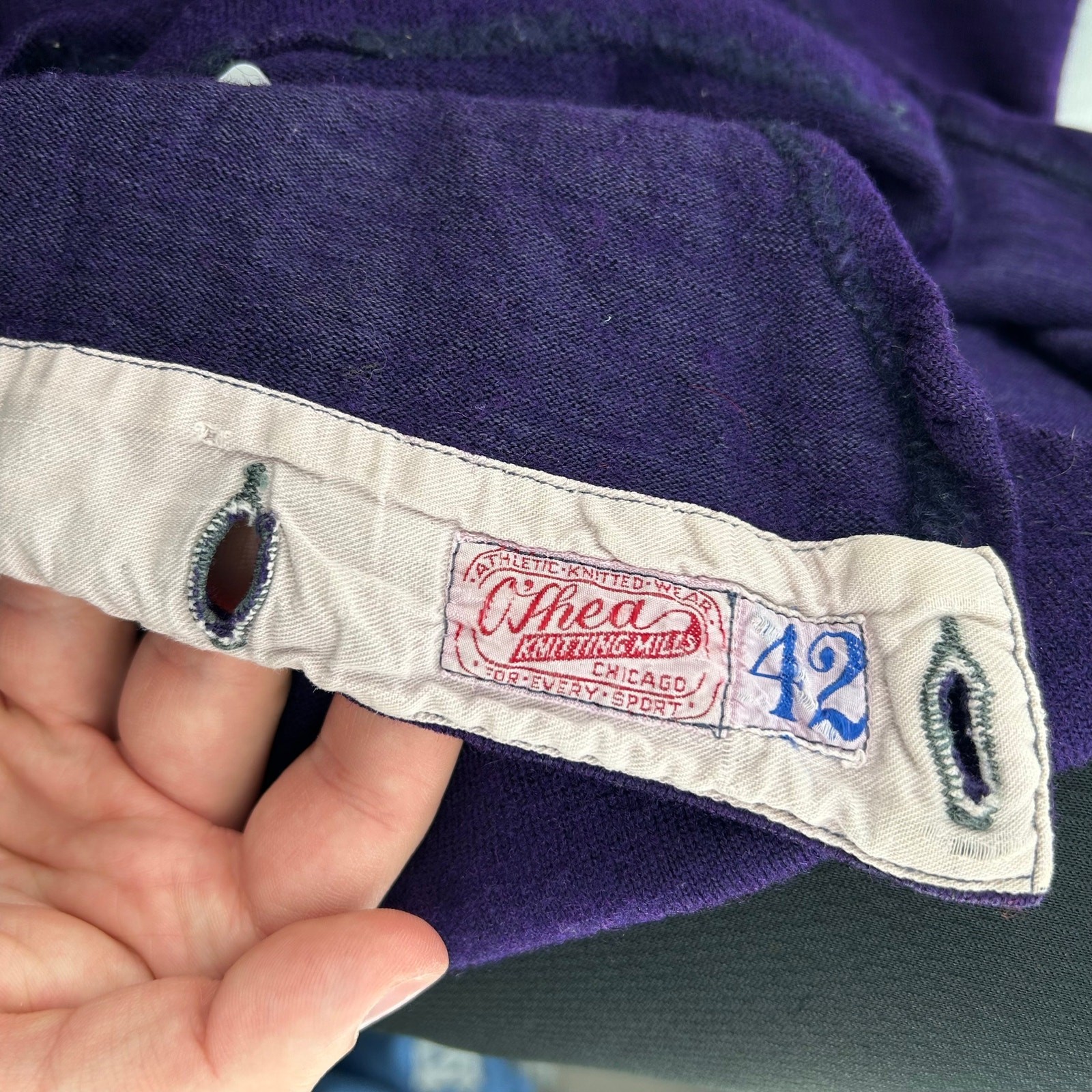 VTG 20s 30s Purple O'Shea Knitting Mills Wool Button Crotch Football Jersey 42 gallery