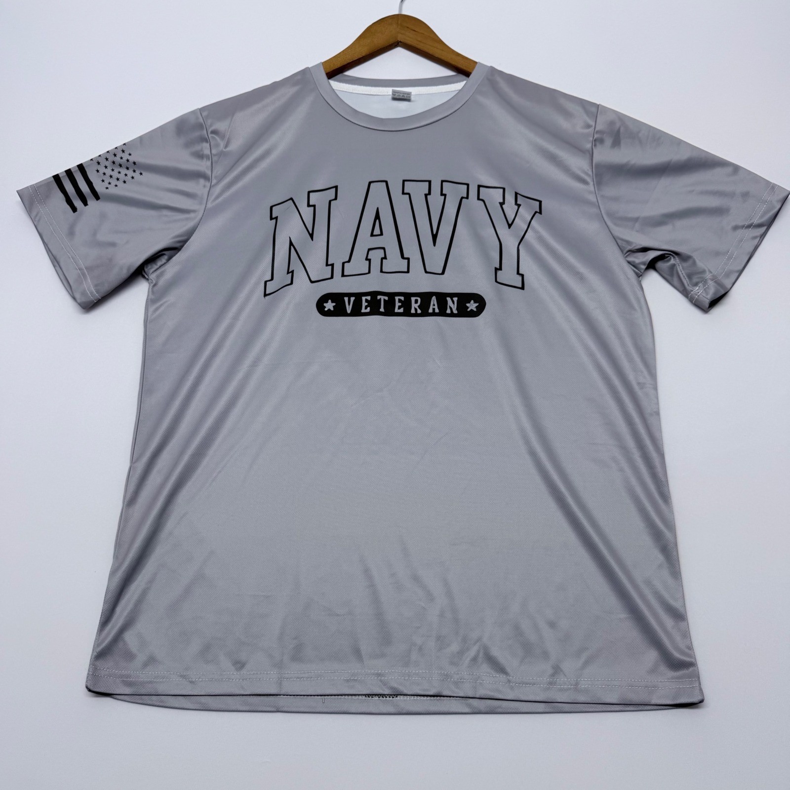 Navy Veteran Graphic T-Shirt Mens Large Grey Polyester Performance Tee US Flag gallery