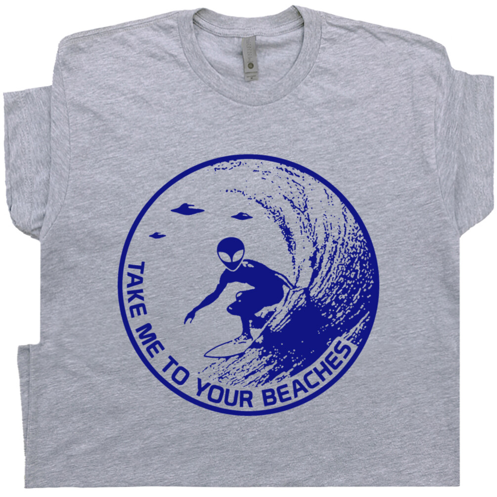 Surfing Alien T Shirt Cool Surf Tee Shirts Vintage Retro UFO Surfer Tshirt gallery