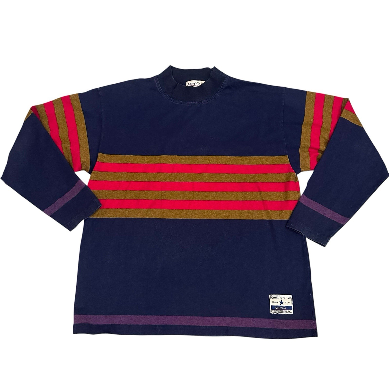 Vintage Americo Long Sleeve Mock Neck Shirt Me A Men’s L Navy Red Stripe 90s USA gallery