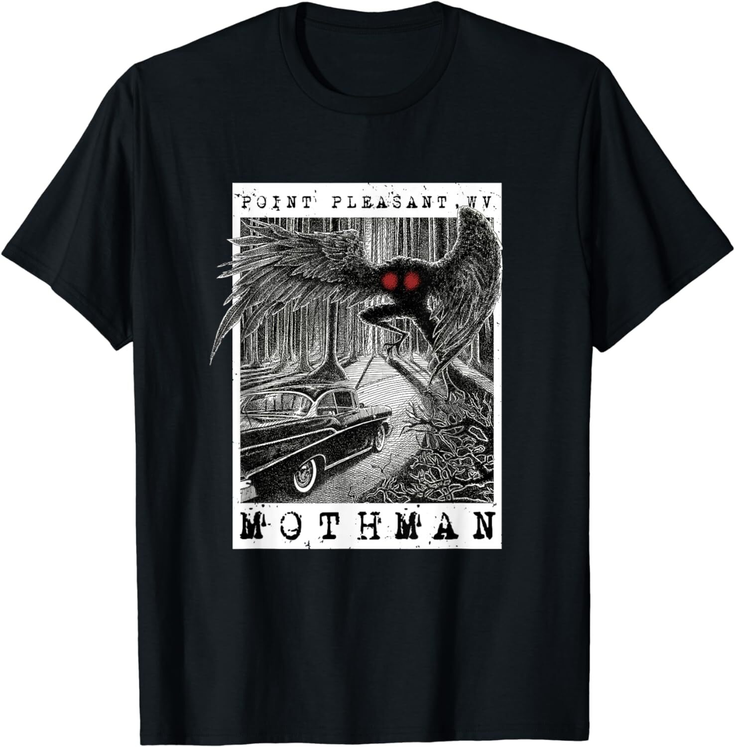 NEW LIMITED Mothman Encounter -1966 Point Pleasant Original Cryptid Art T-Shirt♡ gallery