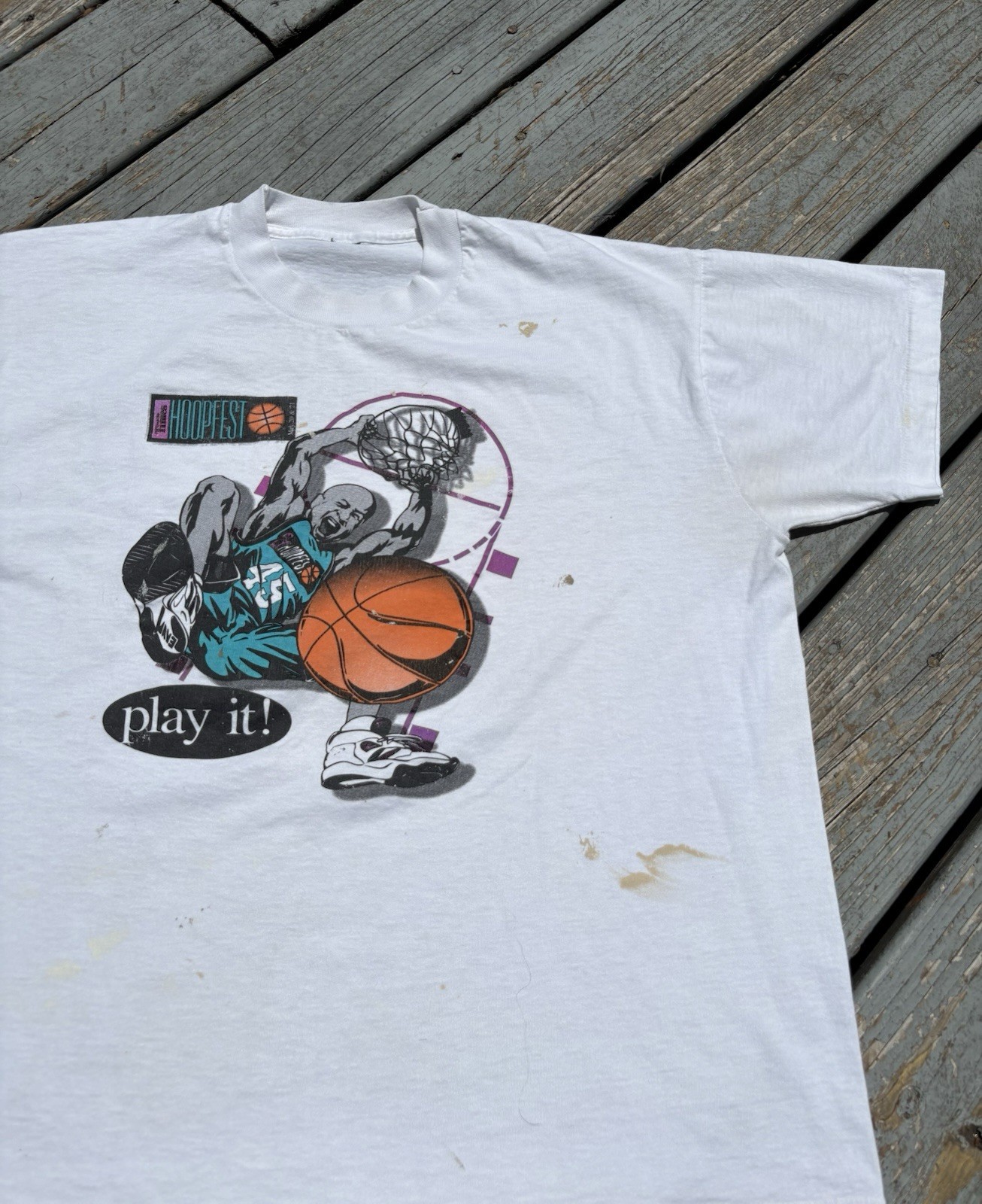 Vintage 90s Hoopfest Basketball Distressed And 1 Tee Shirt Mens Medium White