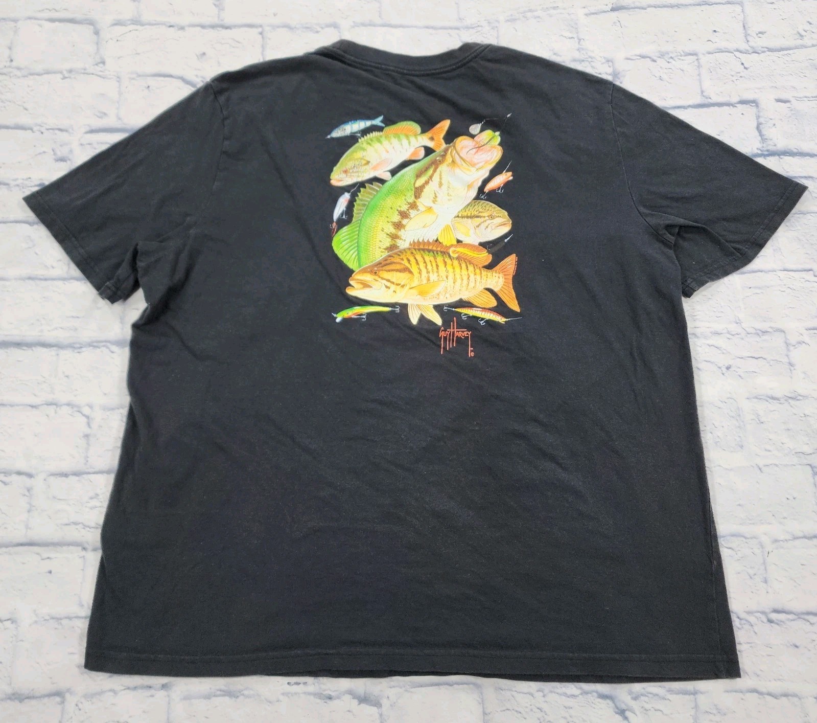 Guy Harvey MENS XXL Graphic T Shirt Black Largemouth Bass Peacock Baits Aftco gallery