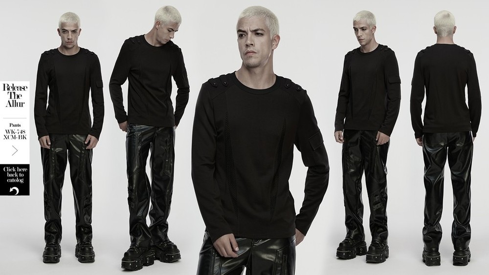 Punk Rave Men Black Gothic Cyberpunk Mesh Spliced T-Shirt Slim Fit Tops