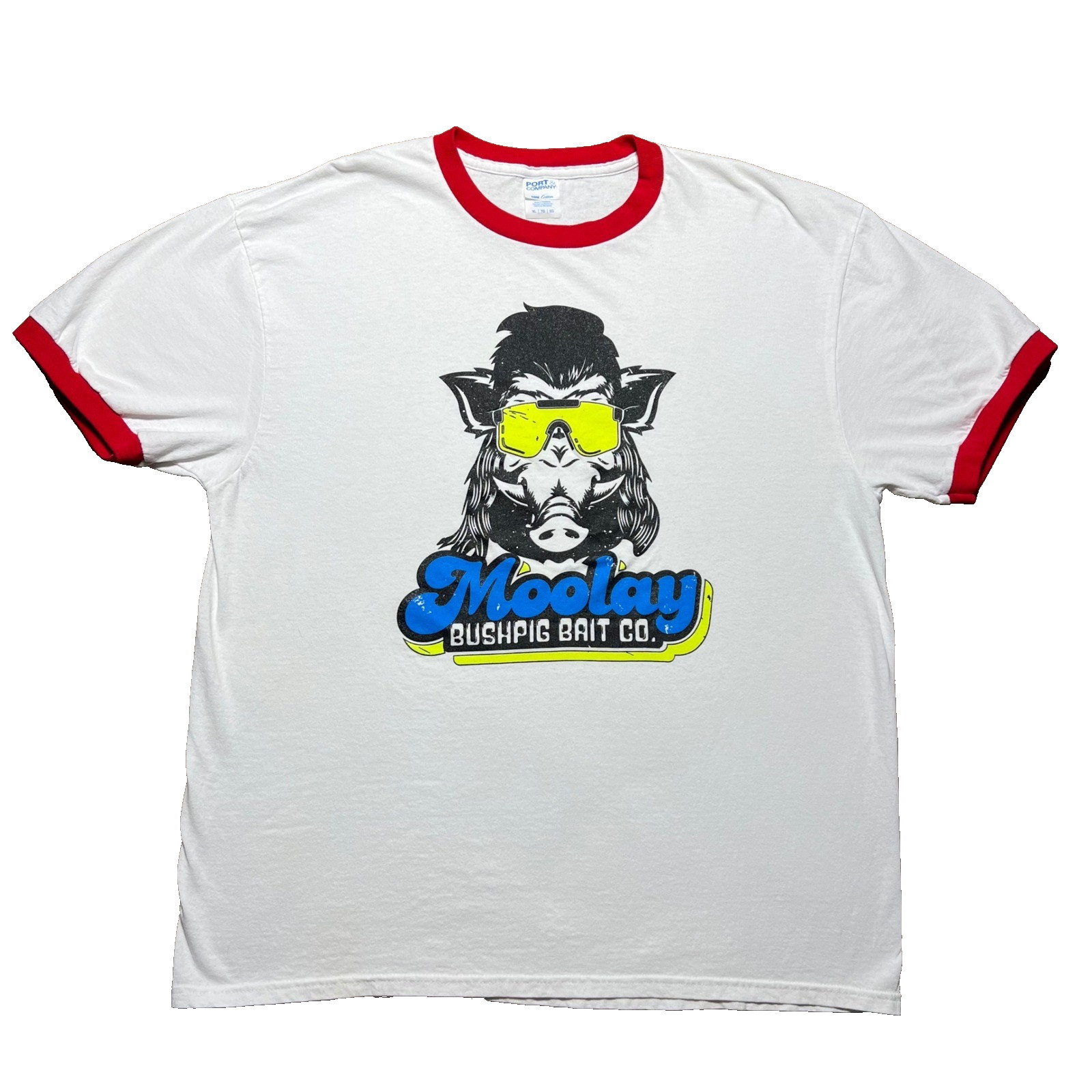 Moolay Bushpig Bait Co Ringer T Shirt Mens XL White Red Pig Graphic Outdoor Tee