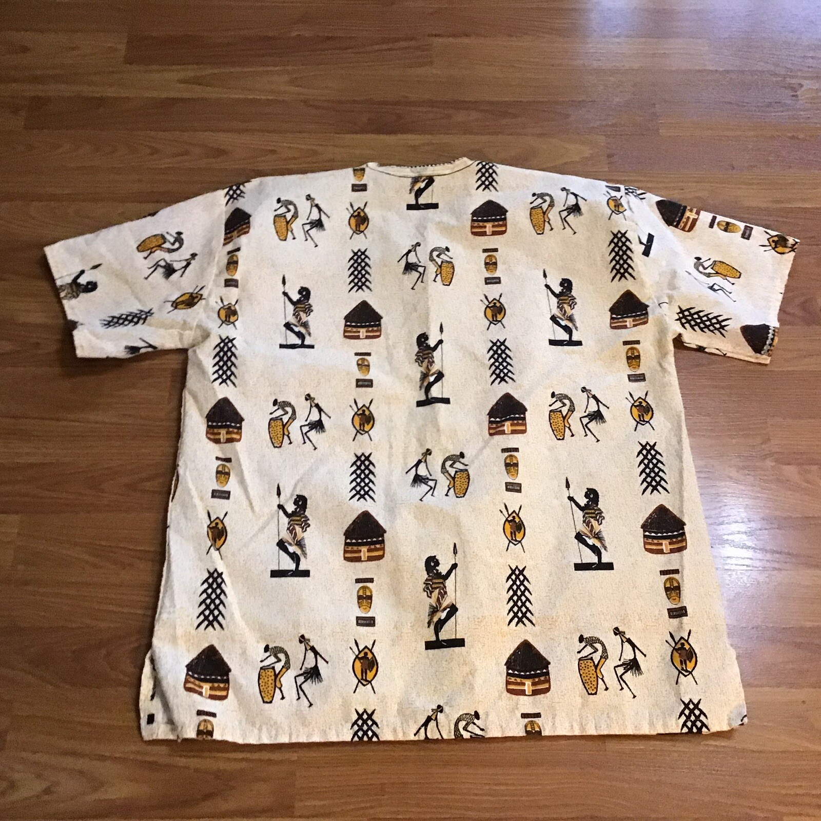 Shirt Pullover XL Broadcloth Short Sleeve Aztec Aborigine Pockets V Neck Boxy gallery