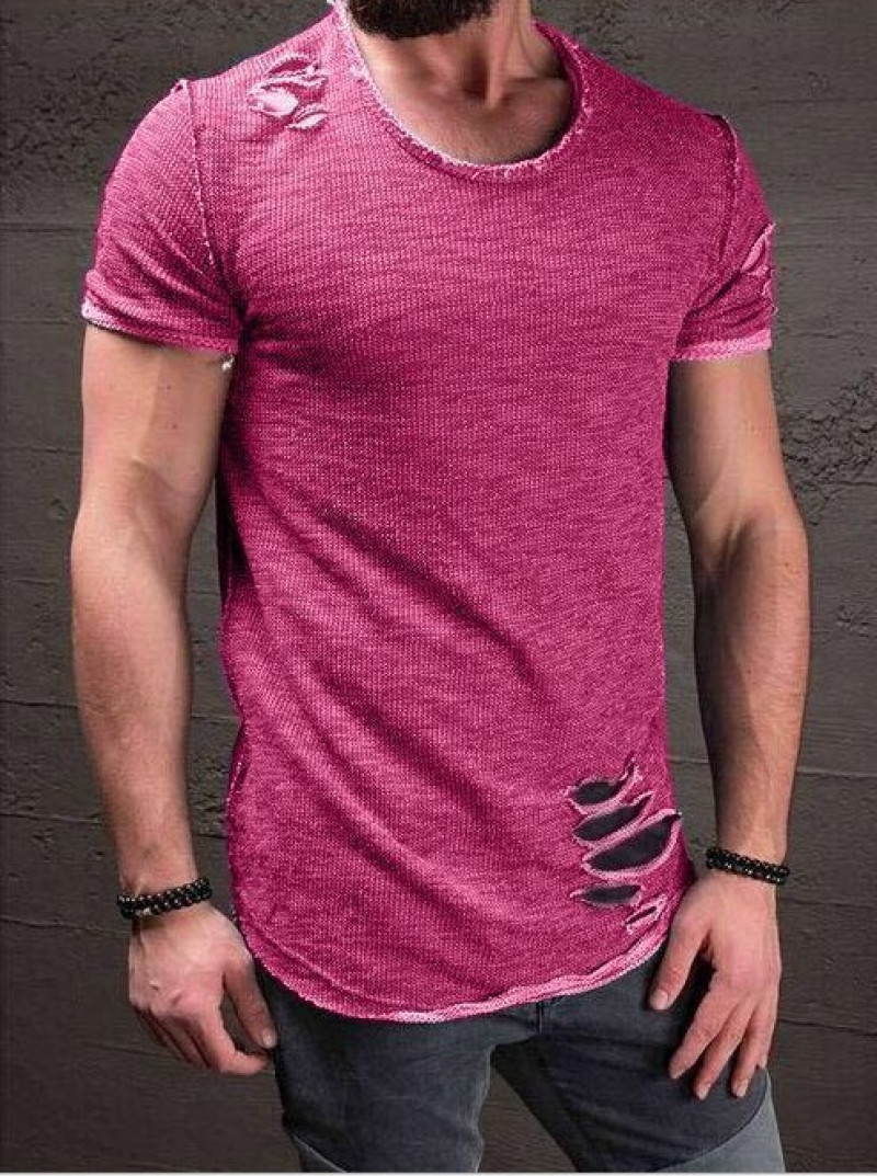 Men's Slim Fit O Neck Short Sleeve Muscle Tops Tee T-shirt Ripped Casual Blouse gallery