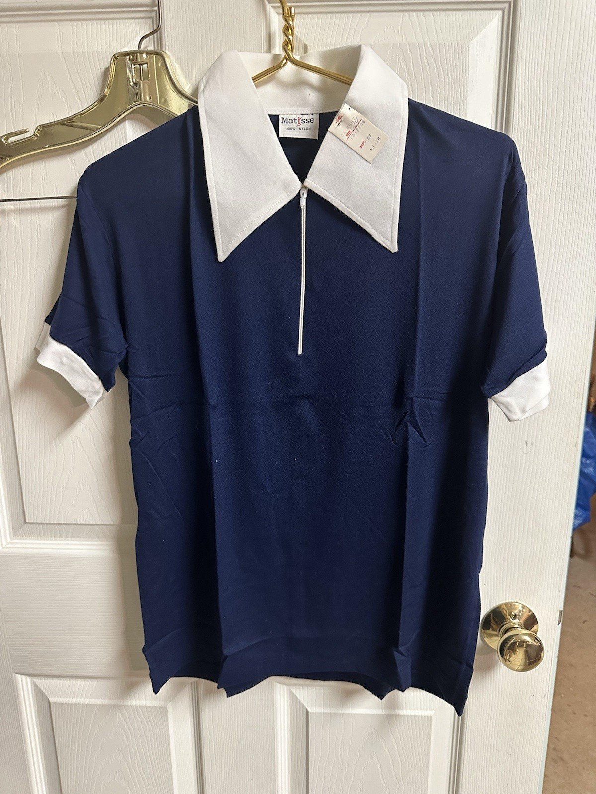 Vnt 60s 70s Matisse Nylon Dagger Collar Shirt Sz 42 Med Blue Zip Short Sleeve