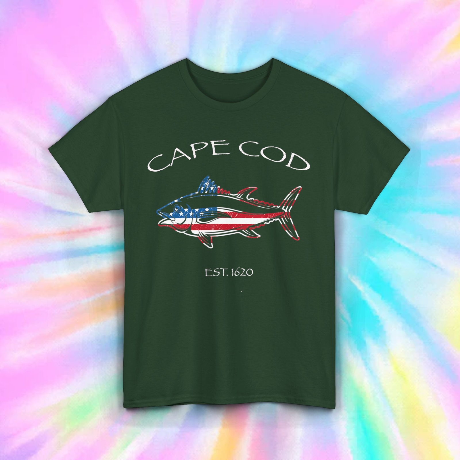 Cape Cod Fishing T-Shirt | Patriotic Tuna Fish Graphic | Est. 1620 Design gallery
