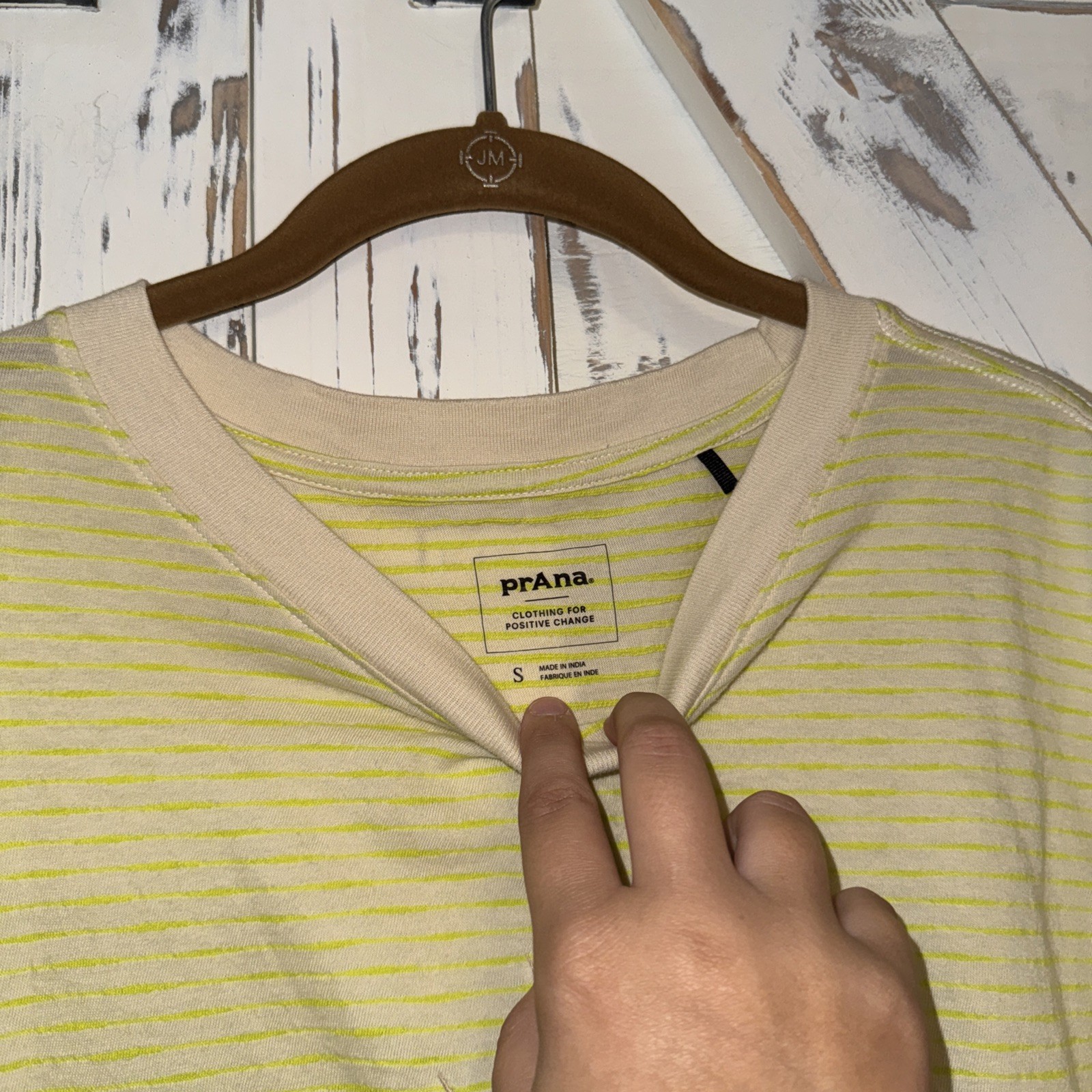 Prana (prAna) Yellow Neon Crew Tee Men's S Oversized Striped Logo Embroidered gallery