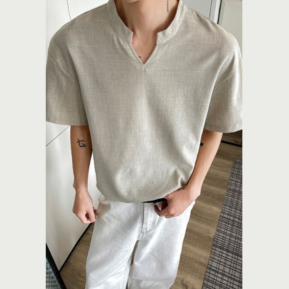 Loose Fit Men's T-Shirt Imitation Linen V Neck Short Sleeve Summer Top gallery