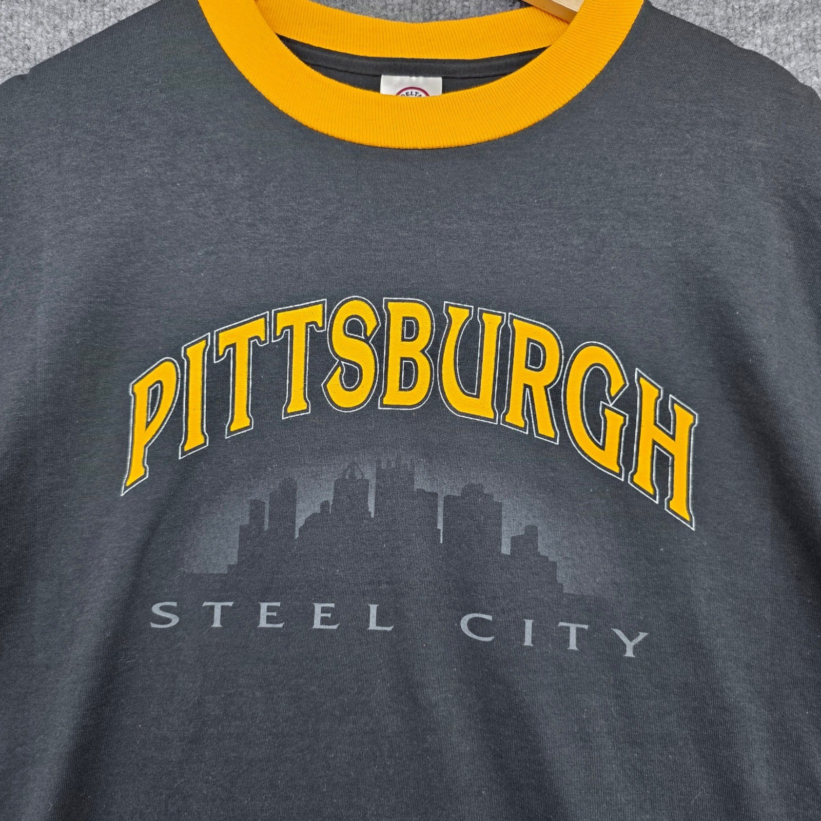 Vintage Delta Pro Weight Pittsburgh Steel City Ringer T-Shirt Black Yellow Mens gallery