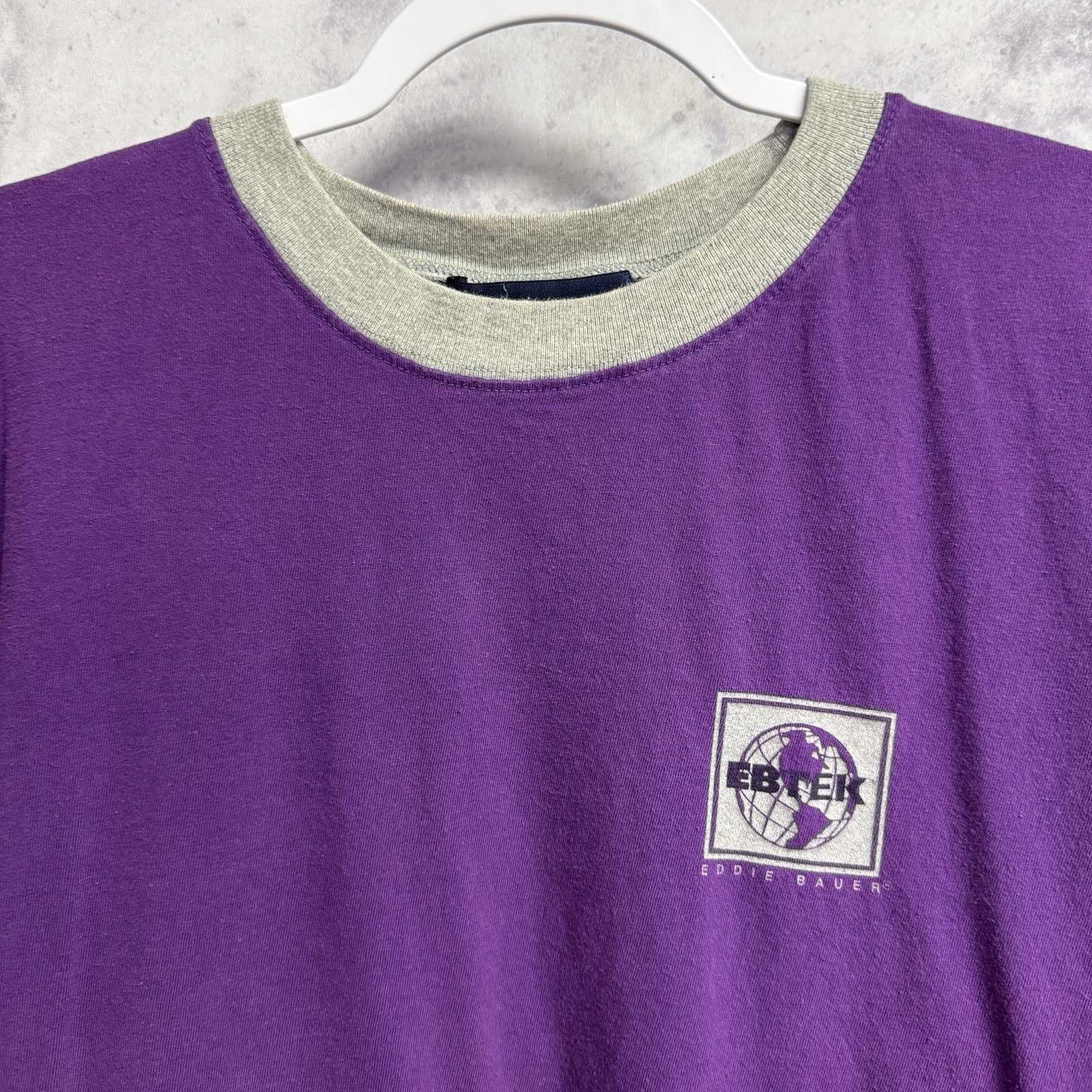 Vintage Eddie Bauer EBTEK T Shirt Mens Large Purple Printed Logo
