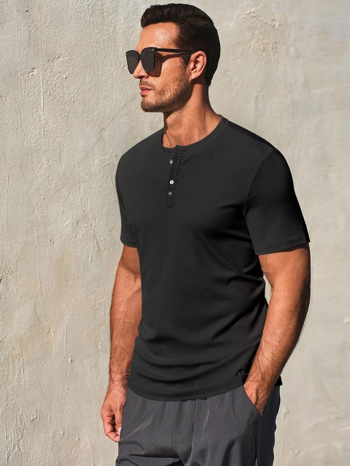 Men's Henley Shirt Short Sleeve Casual Ribbed Knitted Summer T-Shirt SL gallery