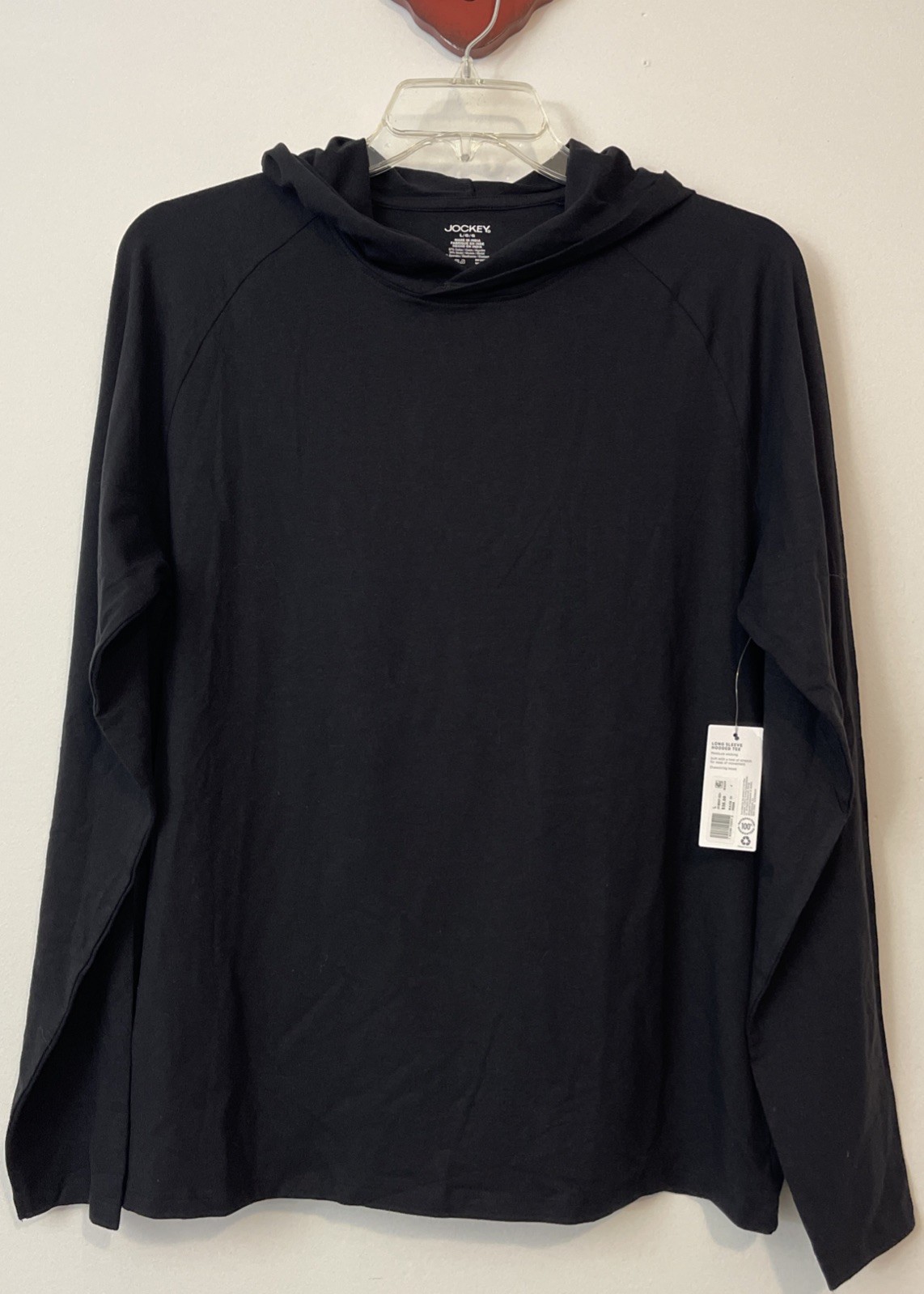 Jockey Mens Large Black Stretchy Pullover Long-Sleeved Hooded Tee NWT! A5975